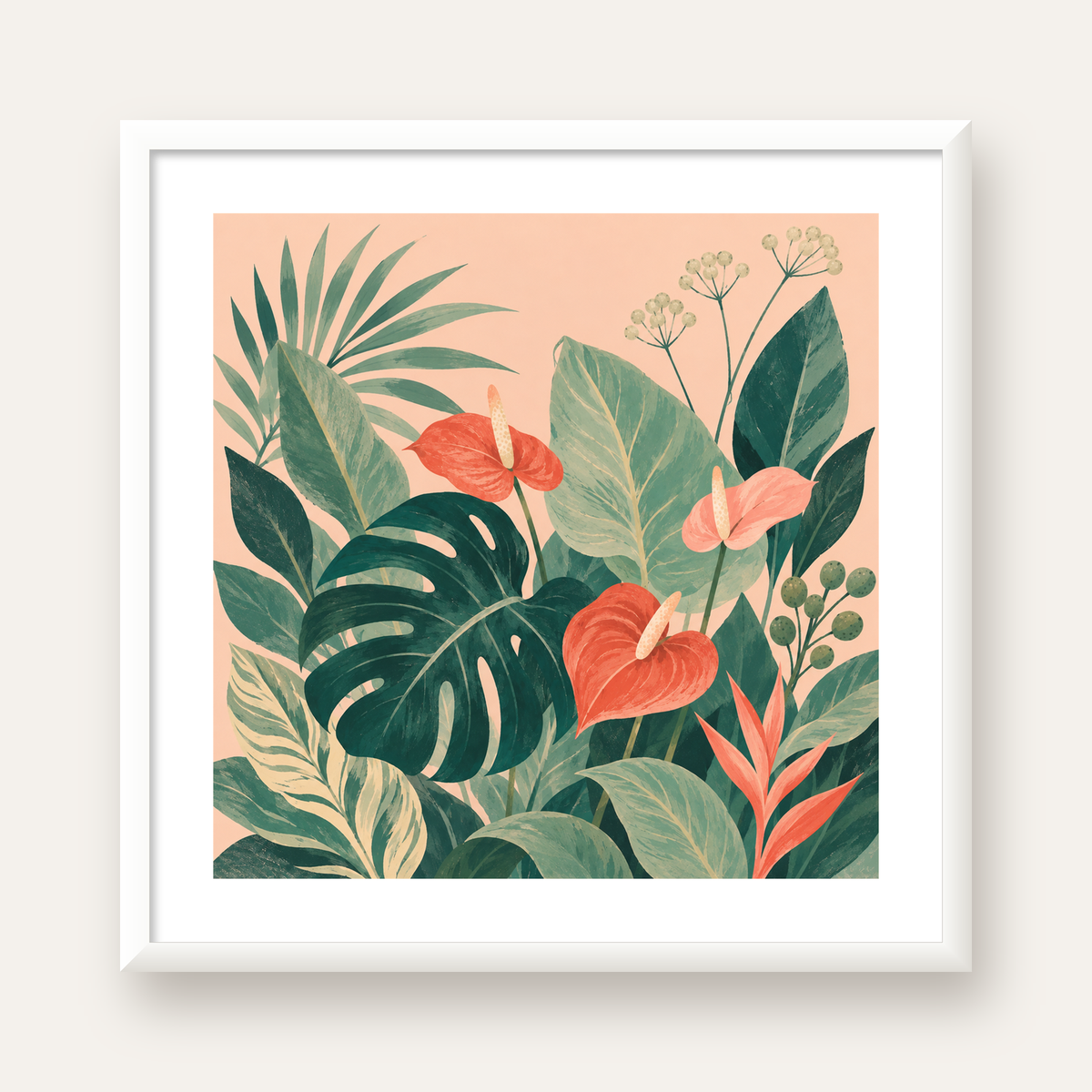 Tropikal Yaprak ve Anthurium Çiçekli Modern Poster — beyaz çerçeveli kare poster