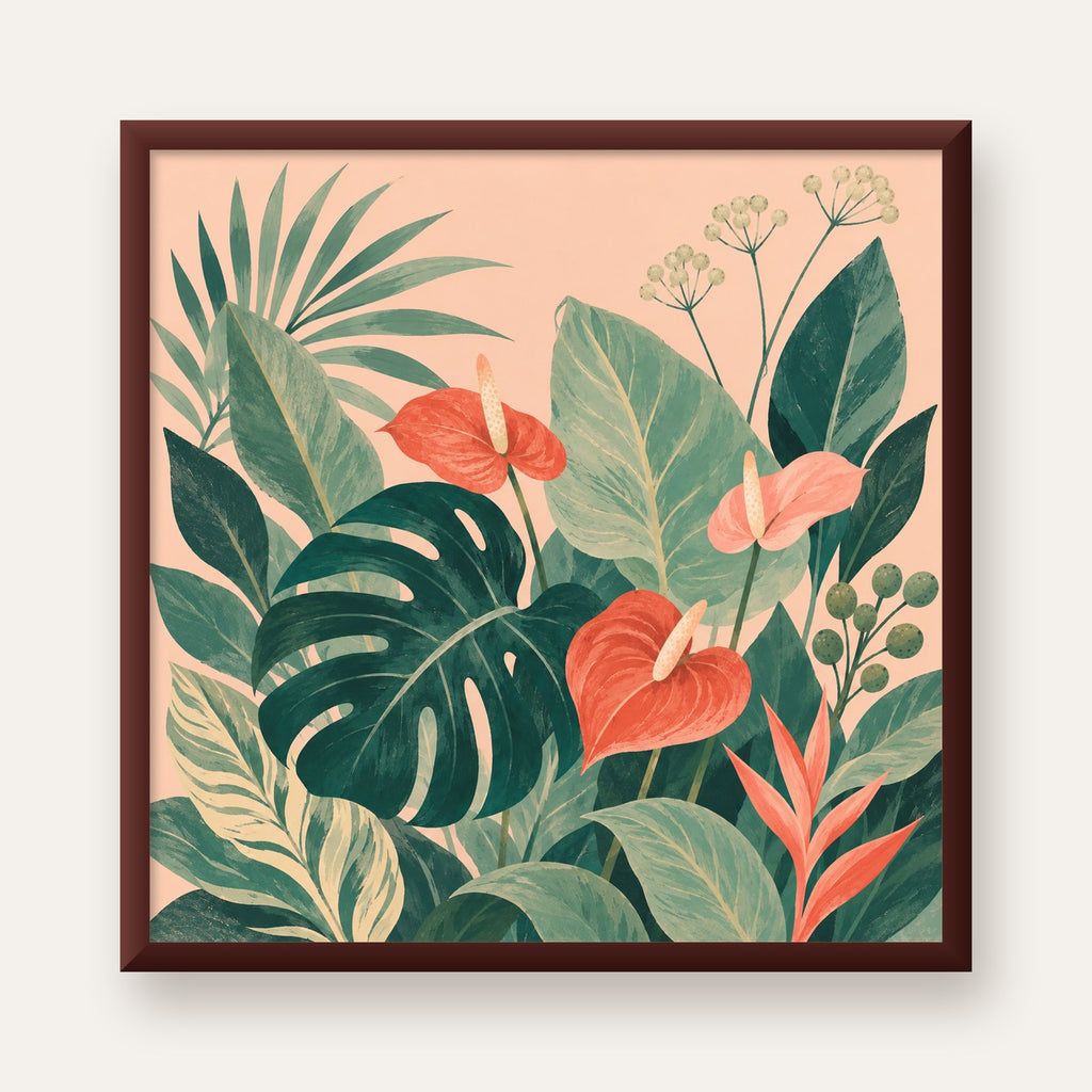 Tropikal Yaprak ve Anthurium Çiçekli Modern Poster — ceviz çerçeveli
