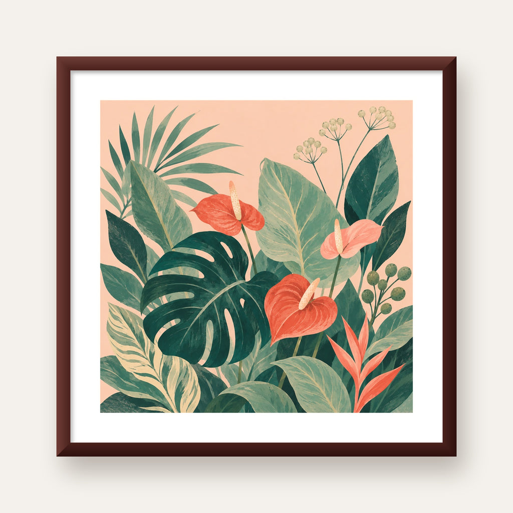 Tropikal Yaprak ve Anthurium Çiçekli Modern Poster — ceviz çerçeveli paspartulu