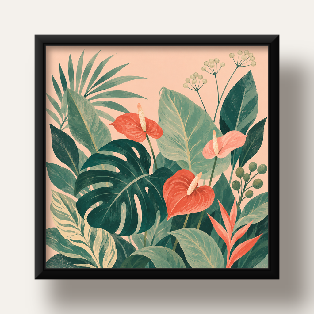 Tropikal Yaprak ve Anthurium Çiçekli Modern Poster — siyah derin çerçeveli