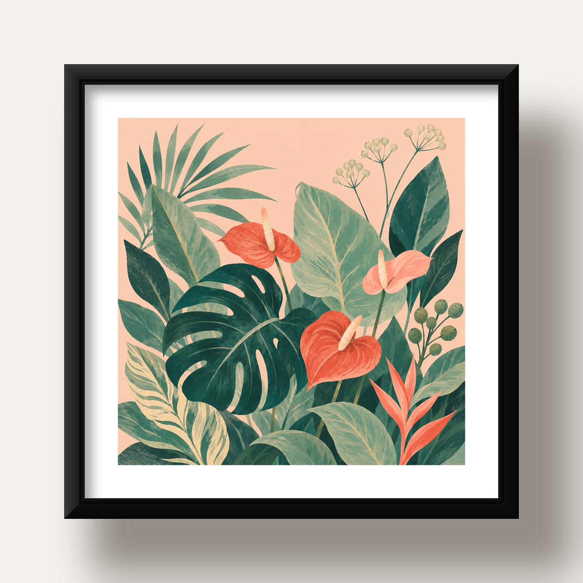 Tropikal Yaprak ve Anthurium Çiçekli Modern Poster — siyah derin çerçeveli paspartulu