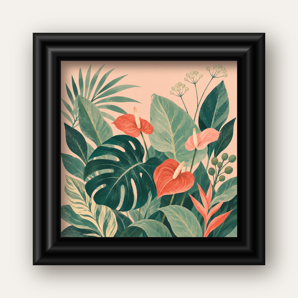 Tropikal Yaprak ve Anthurium Çiçekli Modern Poster — siyah galeri çerçeveli