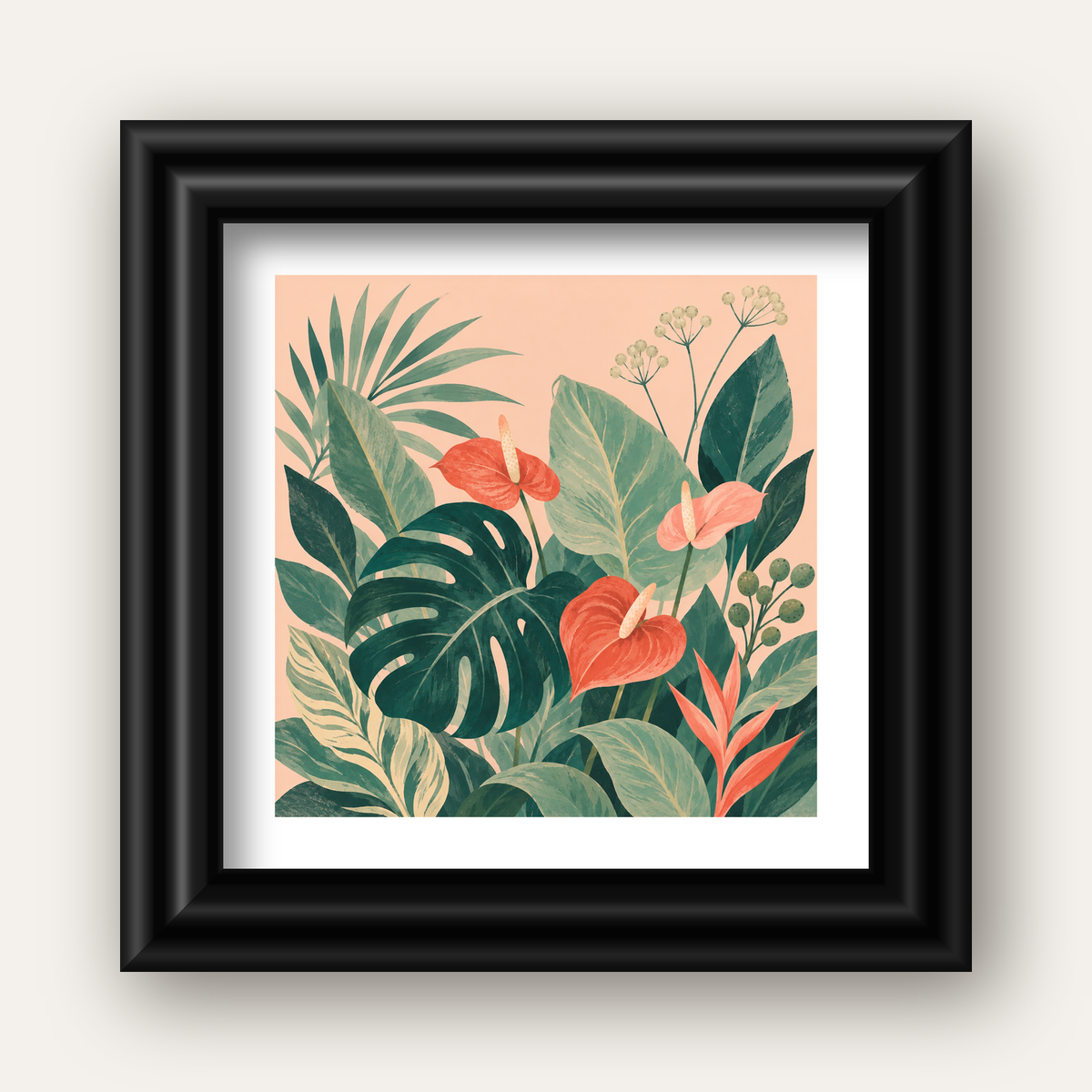Tropikal Yaprak ve Anthurium Çiçekli Modern Poster — siyah galeri çerçeveli paspartulu