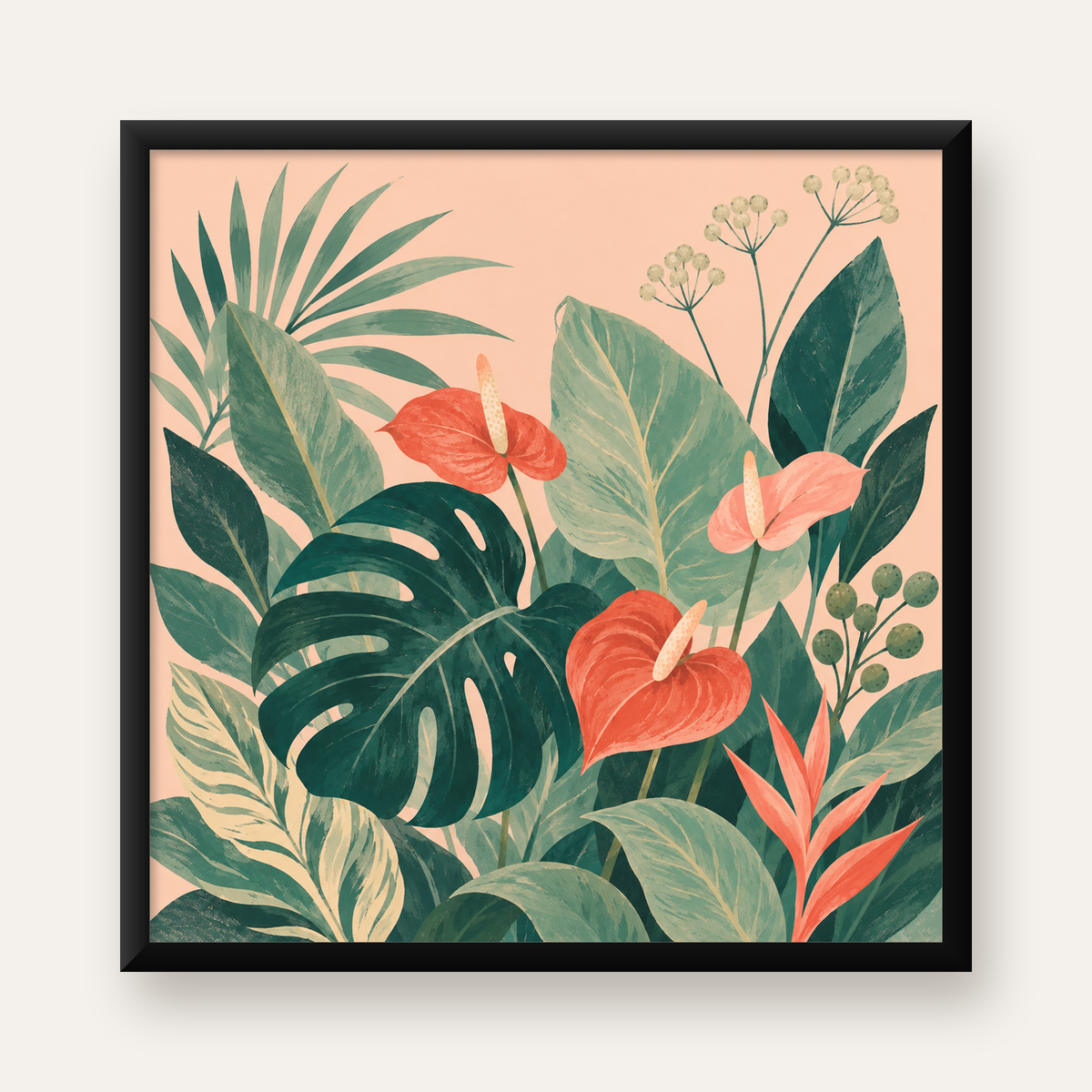 Tropikal Yaprak ve Anthurium Çiçekli Modern Poster — Kare baskı, düz siyah çerçeveli duvar posteri