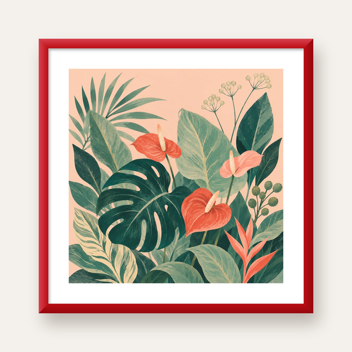 Tropikal Yaprak ve Anthurium Çiçekli Modern Poster — kırmızı çerçeveli paspartulu