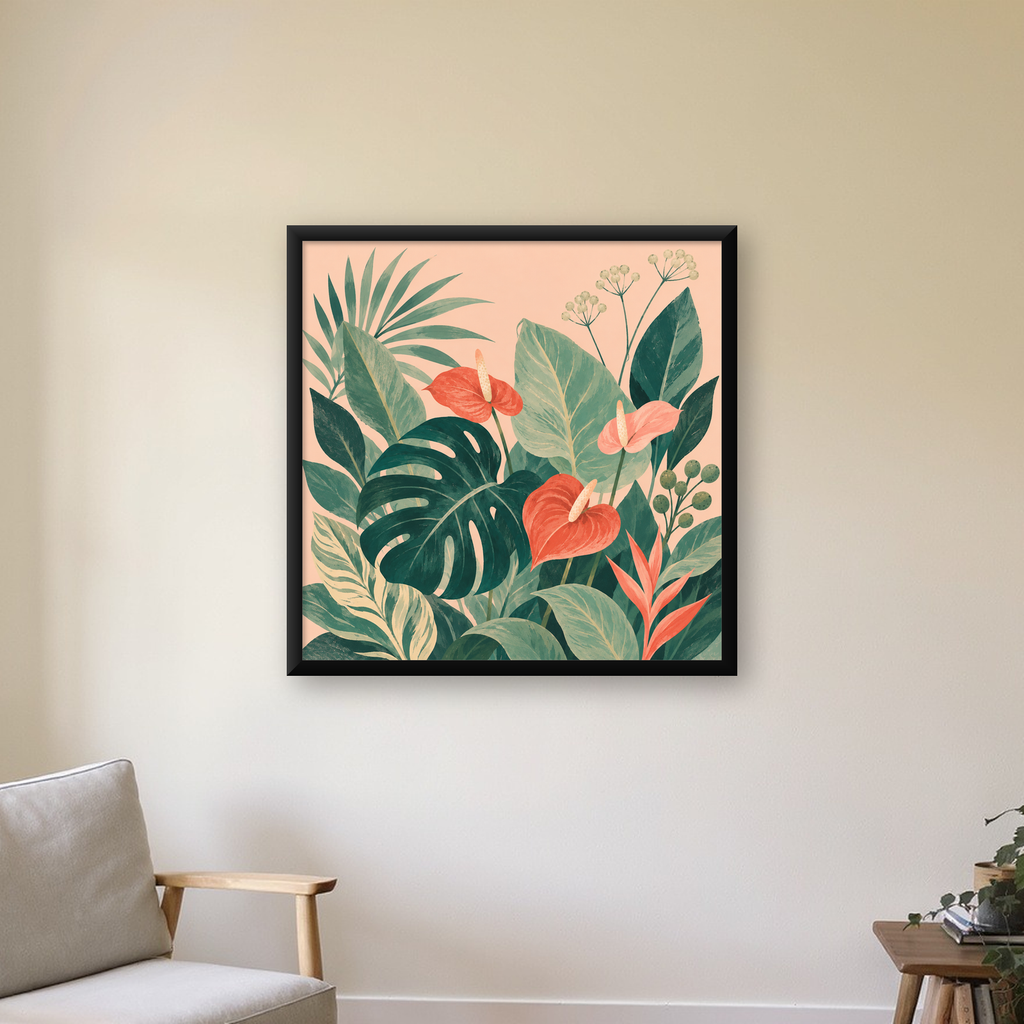Tropikal Yaprak ve Anthurium Çiçekli Modern Poster — Kare baskı, çerçeveli hâliyle bir ev duvarında
