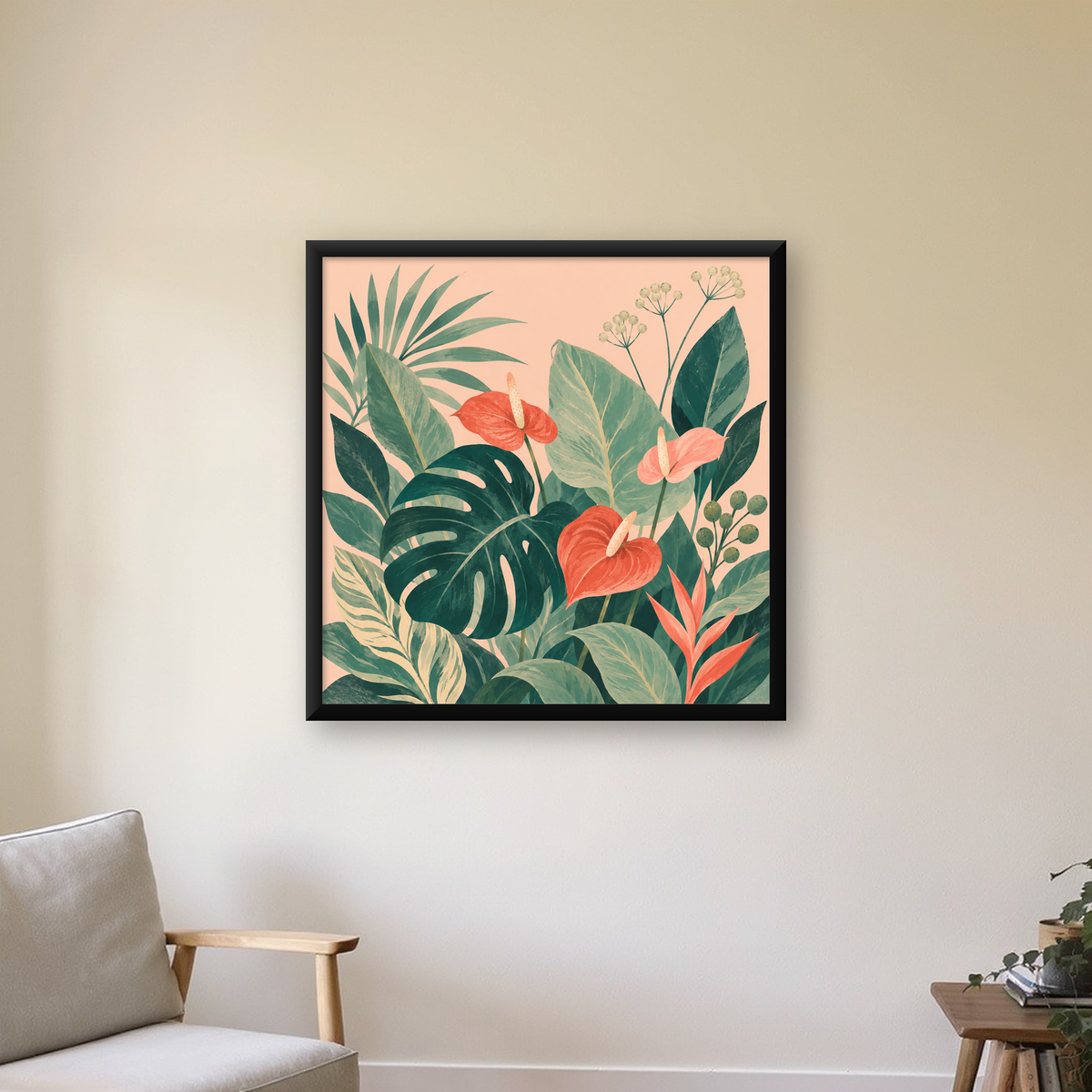 Tropikal Yaprak ve Anthurium Çiçekli Modern Poster — Kare baskı, çerçeveli hâliyle bir ev duvarında