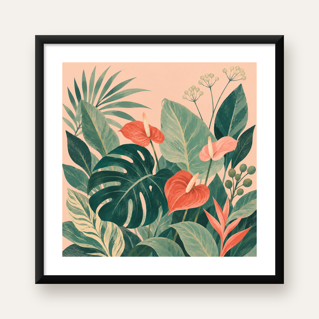 Tropikal Yaprak ve Anthurium Çiçekli Modern Poster — Kare baskı, beyaz paspartulu