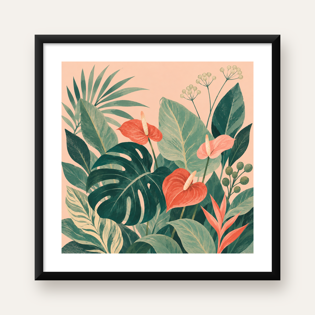 Tropikal Yaprak ve Anthurium Çiçekli Modern Poster — Kare baskı, beyaz paspartulu