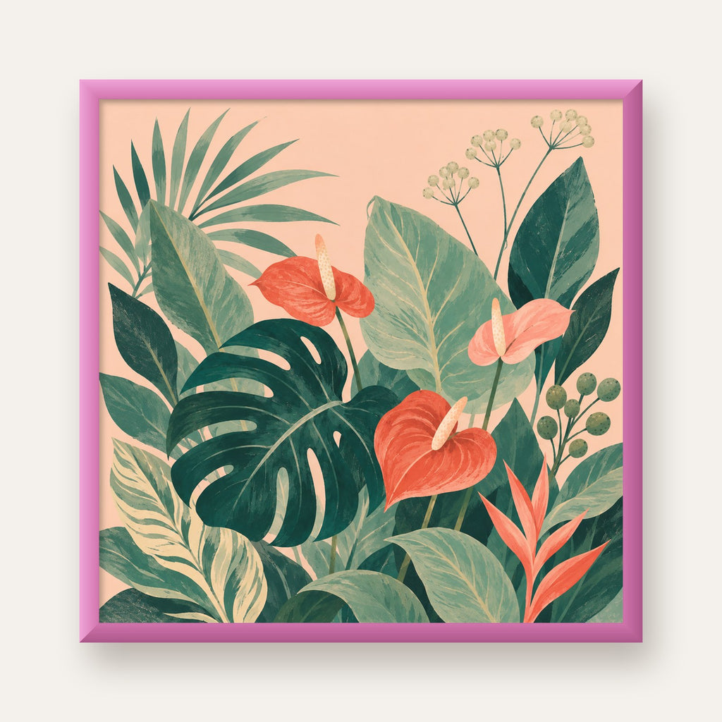 Tropikal Yaprak ve Anthurium Çiçekli Modern Poster — pembe çerçeveli