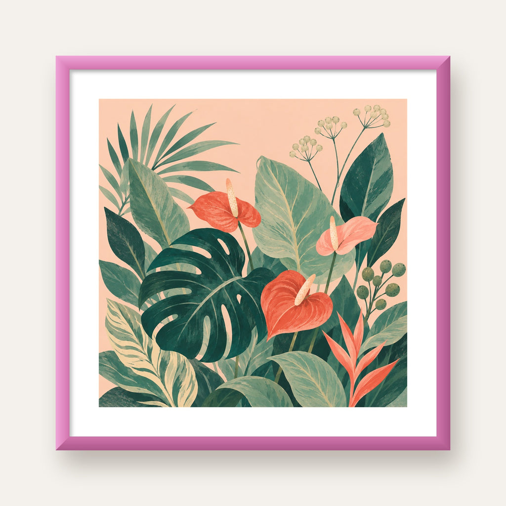 Tropikal Yaprak ve Anthurium Çiçekli Modern Poster — pembe çerçeveli paspartulu