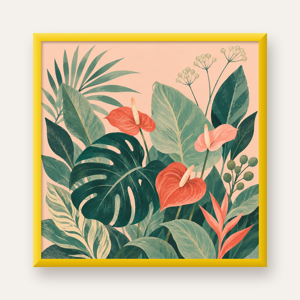 Tropikal Yaprak ve Anthurium Çiçekli Modern Poster — sarı çerçeveli