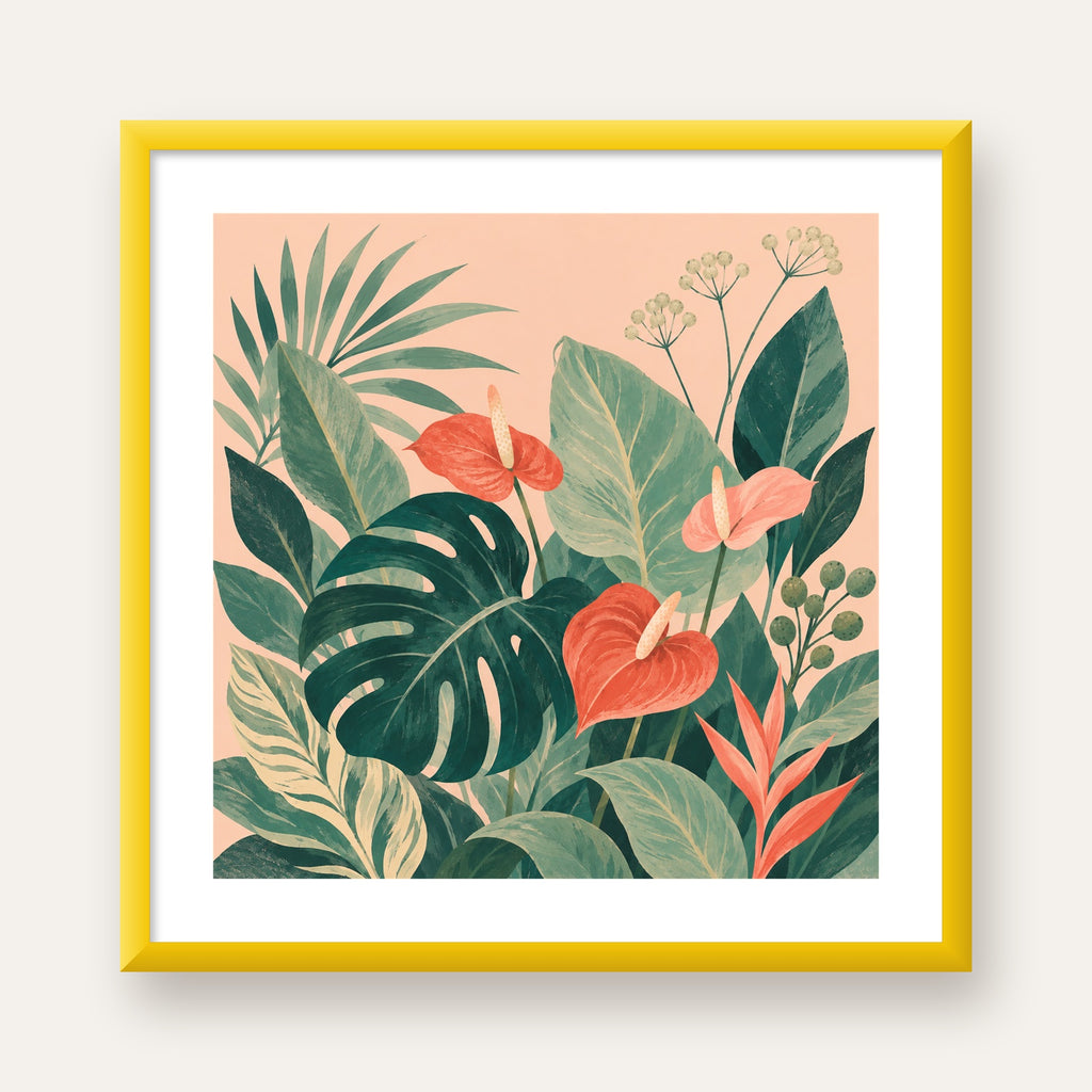 Tropikal Yaprak ve Anthurium Çiçekli Modern Poster — sarı çerçeveli paspartulu
