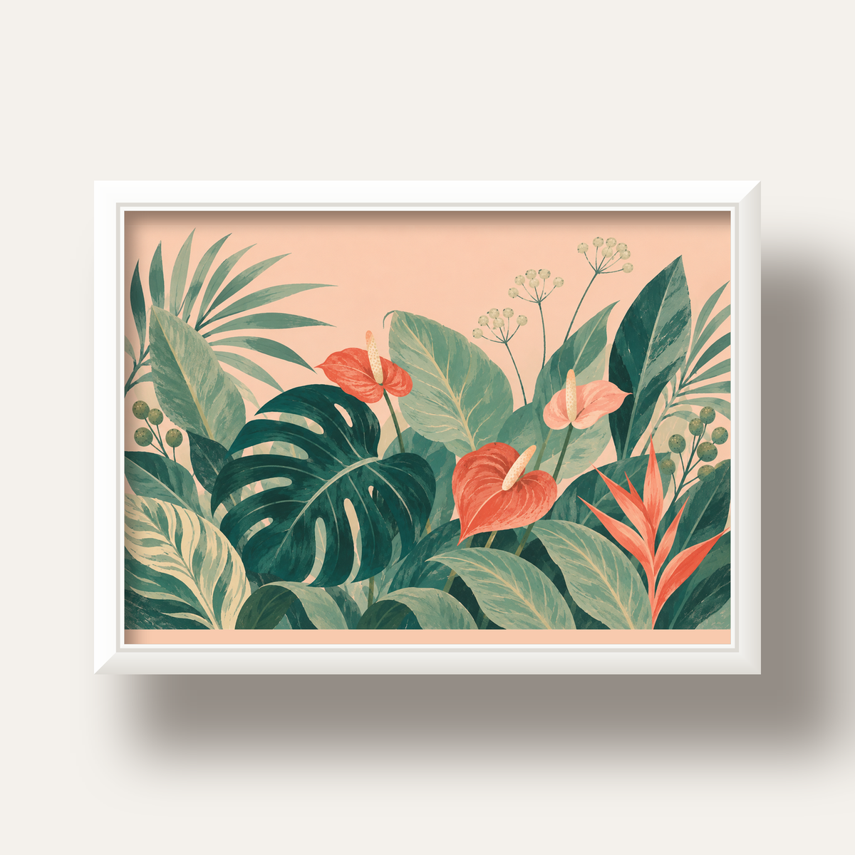 Tropikal Yaprak ve Anthurium Çiçekli Modern Poster — beyaz derin çerçeveli