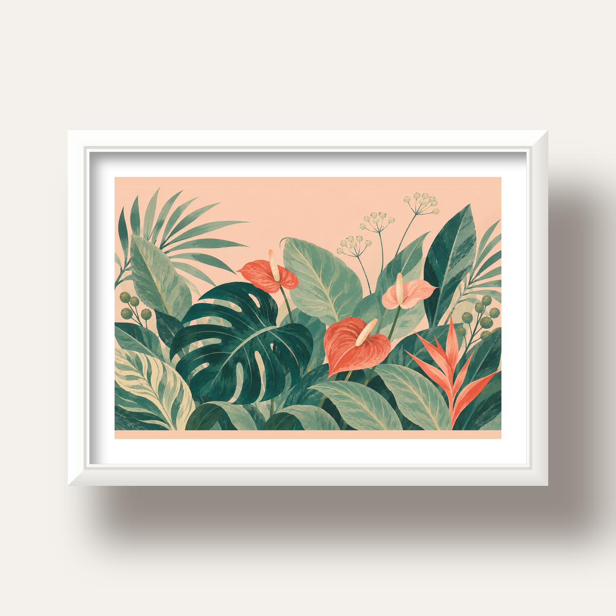 Tropikal Yaprak ve Anthurium Çiçekli Modern Poster — beyaz derin çerçeveli paspartulu