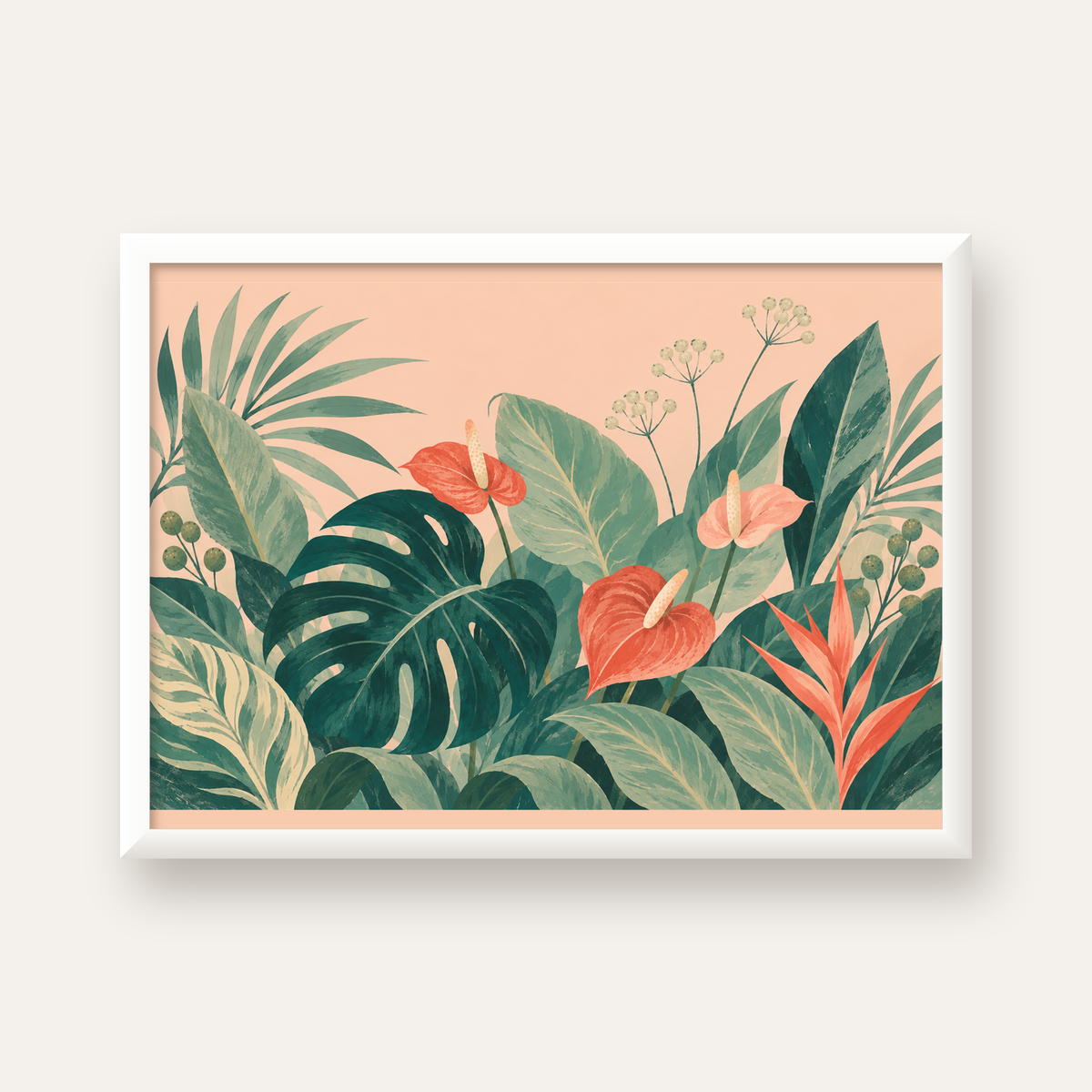 Tropikal Yaprak ve Anthurium Çiçekli Modern Poster — beyaz çerçeveli yatay poster