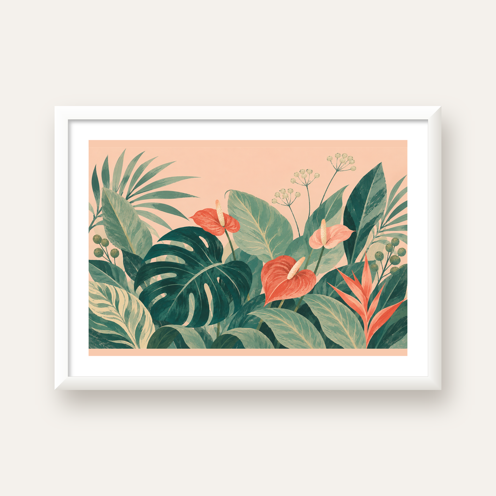 Tropikal Yaprak ve Anthurium Çiçekli Modern Poster — beyaz çerçeveli yatay poster