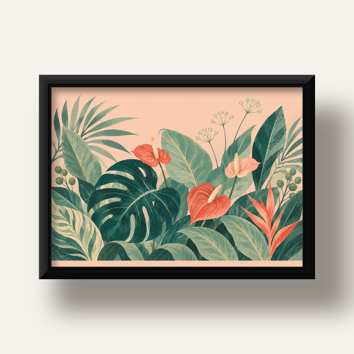 Tropikal Yaprak ve Anthurium Çiçekli Modern Poster — siyah derin çerçeveli