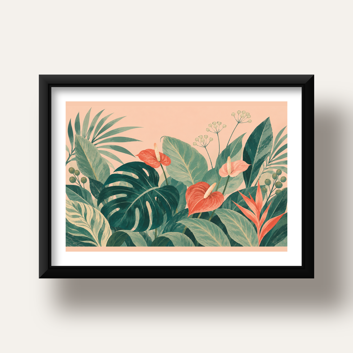 Tropikal Yaprak ve Anthurium Çiçekli Modern Poster — siyah derin çerçeveli paspartulu