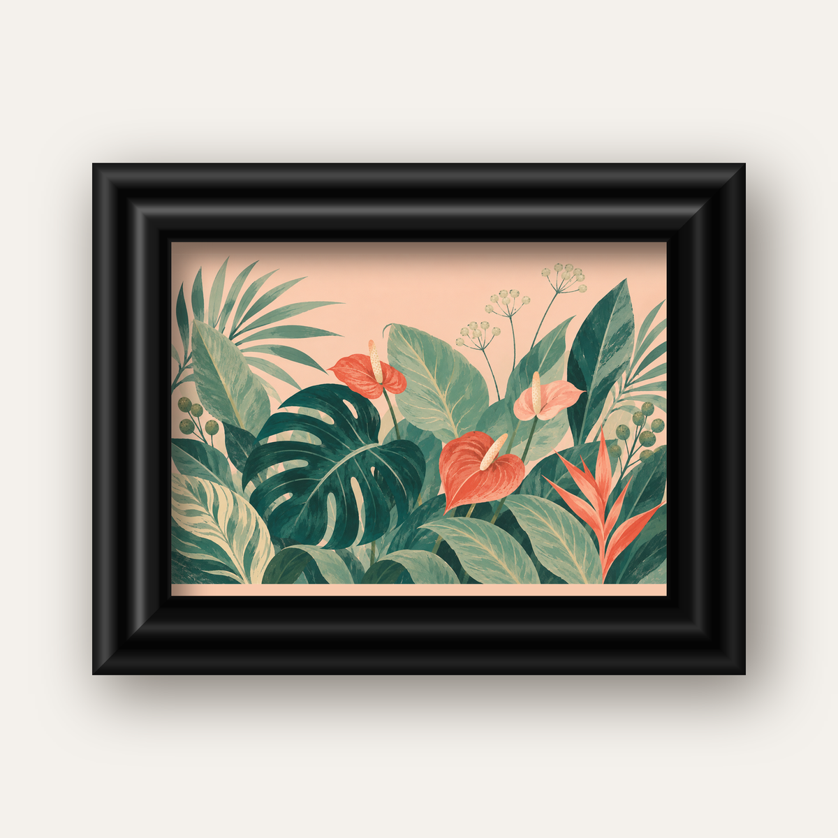 Tropikal Yaprak ve Anthurium Çiçekli Modern Poster — siyah galeri çerçeveli