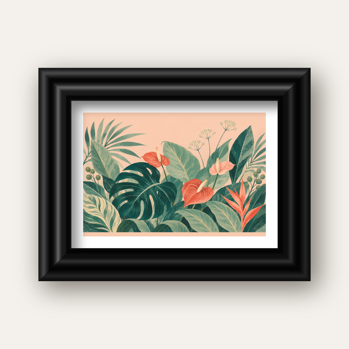 Tropikal Yaprak ve Anthurium Çiçekli Modern Poster — siyah galeri çerçeveli paspartulu
