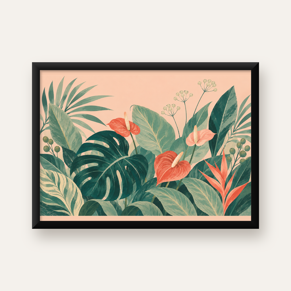 Tropikal Yaprak ve Anthurium Çiçekli Modern Poster — Yatay baskı, düz siyah çerçeveli duvar posteri