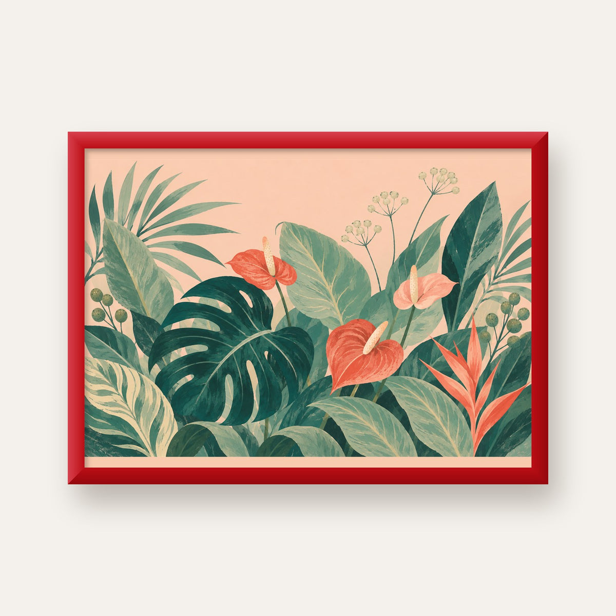 Tropikal Yaprak ve Anthurium Çiçekli Modern Poster — kırmızı çerçeveli