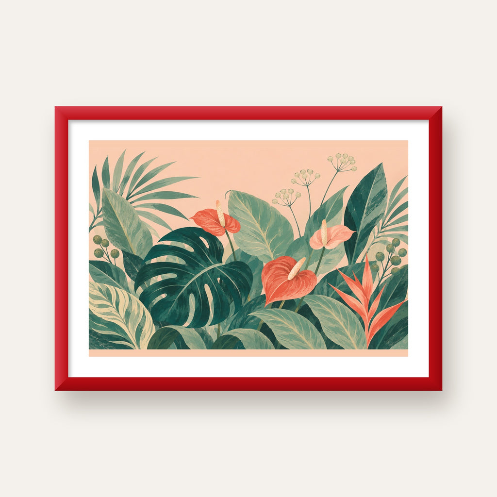 Tropikal Yaprak ve Anthurium Çiçekli Modern Poster — kırmızı çerçeveli paspartulu