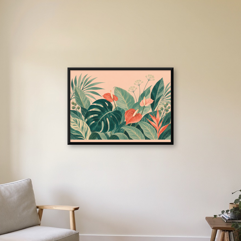 Tropikal Yaprak ve Anthurium Çiçekli Modern Poster — Yatay baskı, çerçeveli hâliyle bir ev duvarında