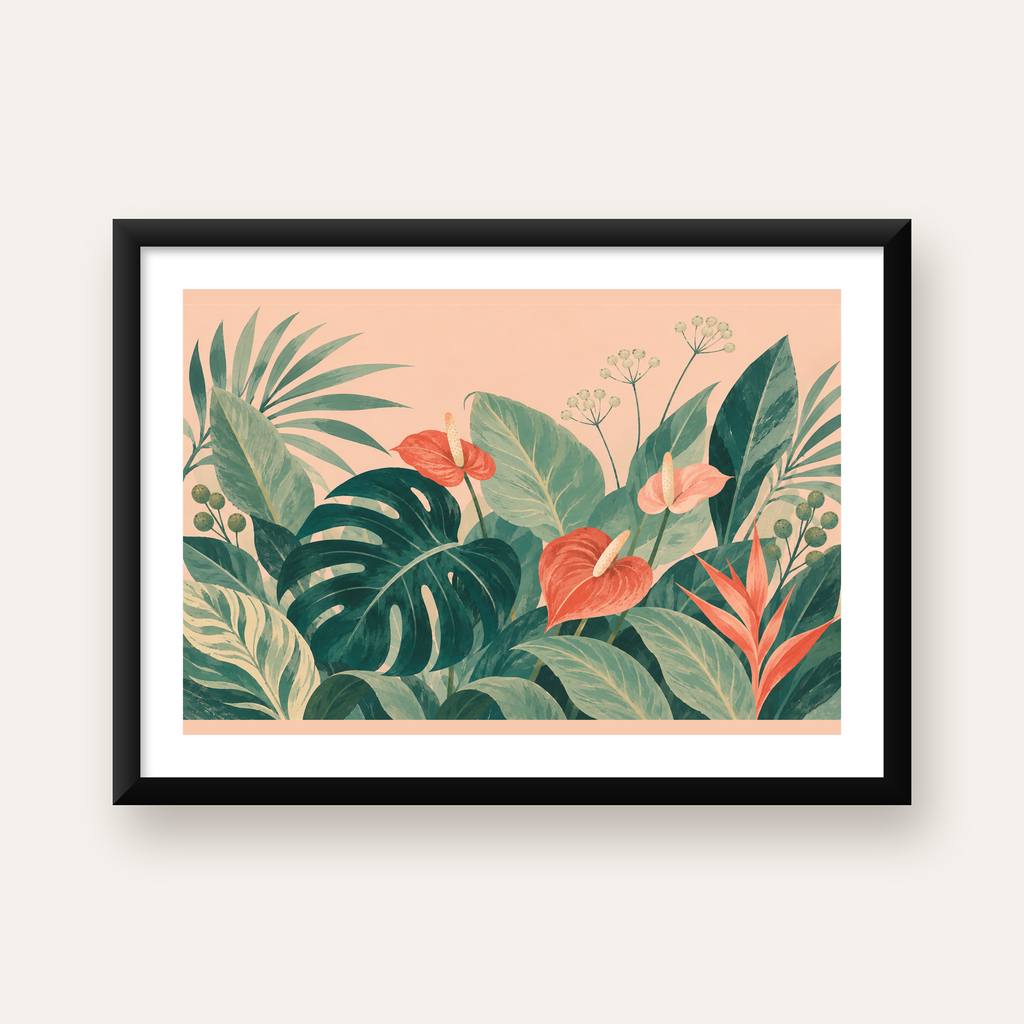 Tropikal Yaprak ve Anthurium Çiçekli Modern Poster — Yatay baskı, beyaz paspartulu