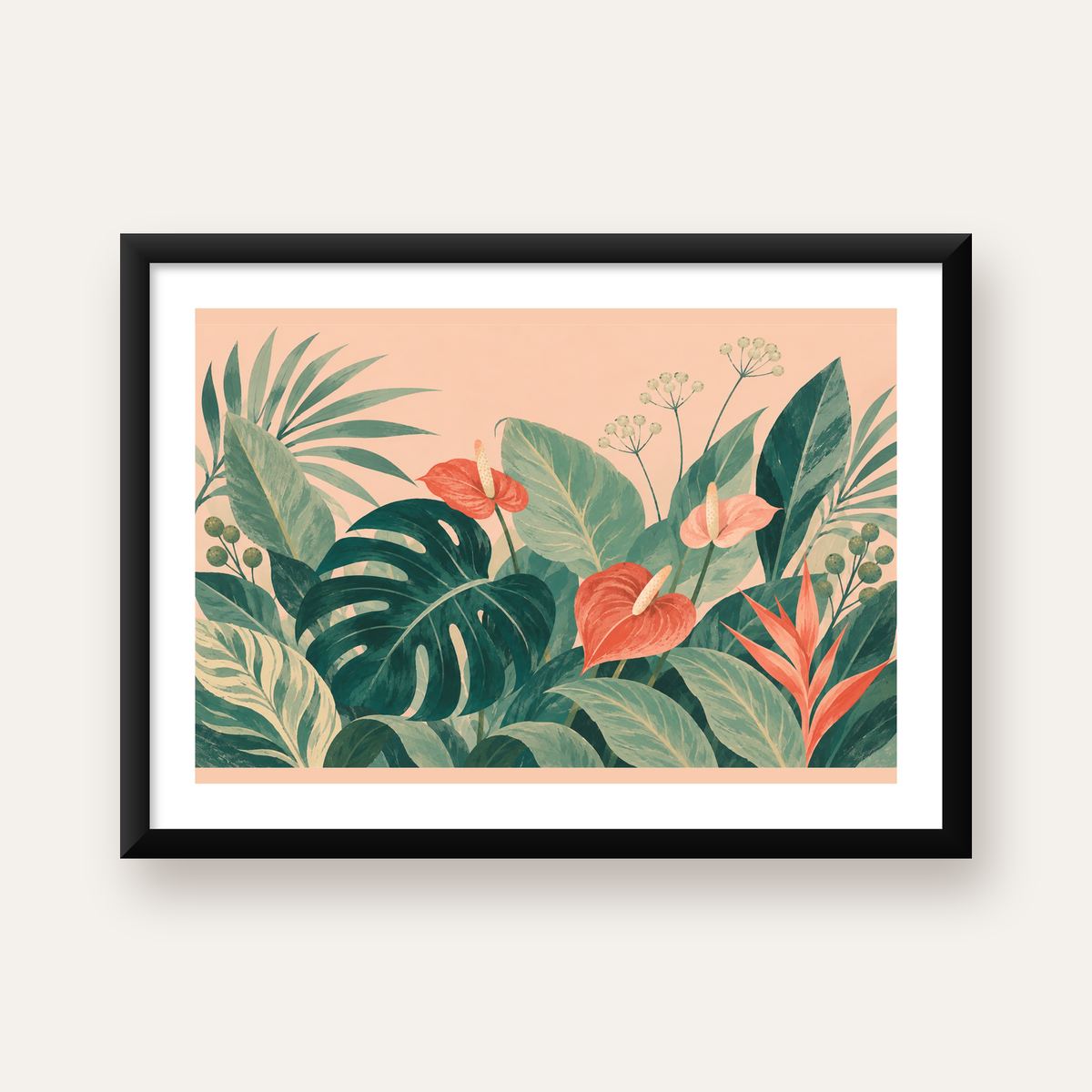 Tropikal Yaprak ve Anthurium Çiçekli Modern Poster — Yatay baskı, beyaz paspartulu