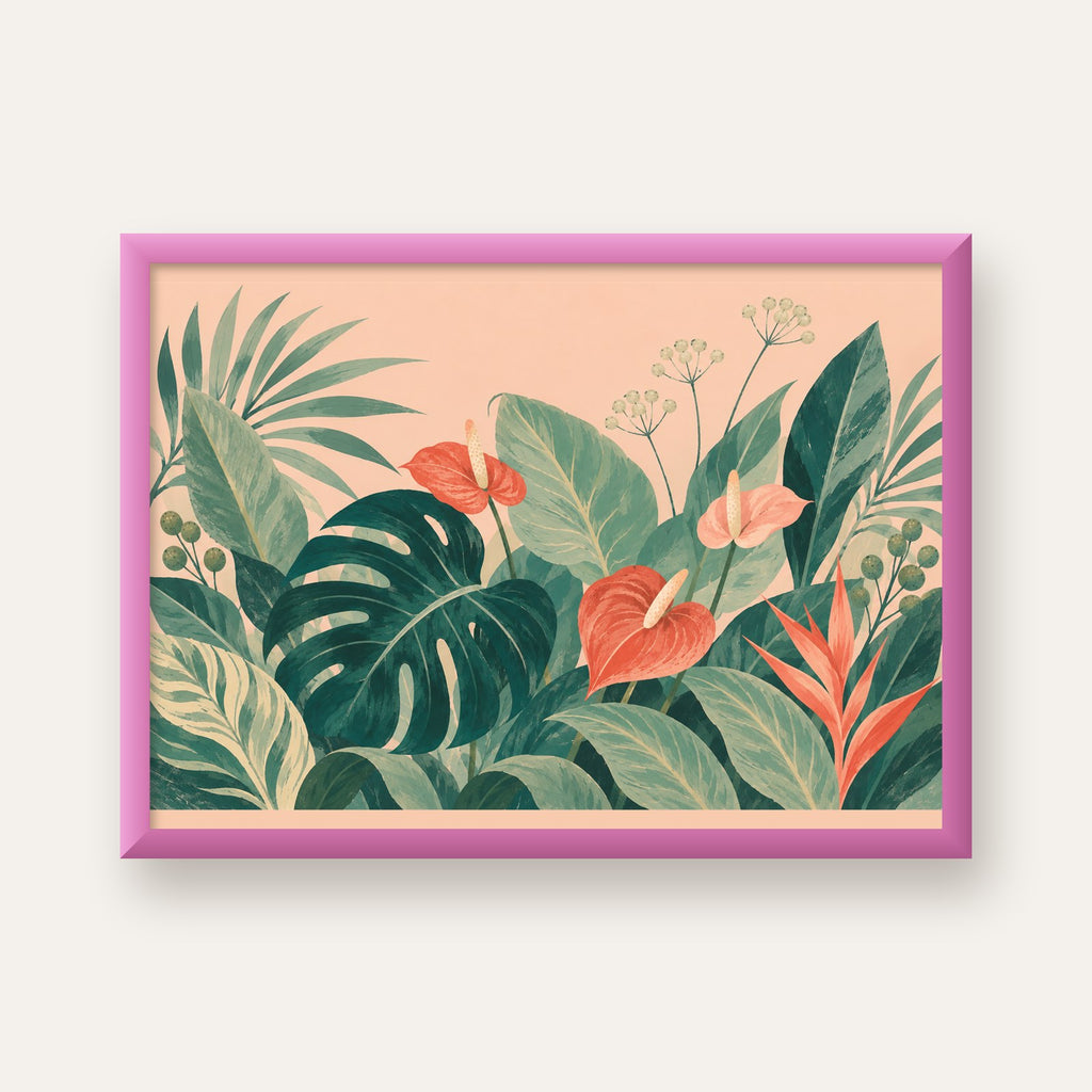 Tropikal Yaprak ve Anthurium Çiçekli Modern Poster — pembe çerçeveli