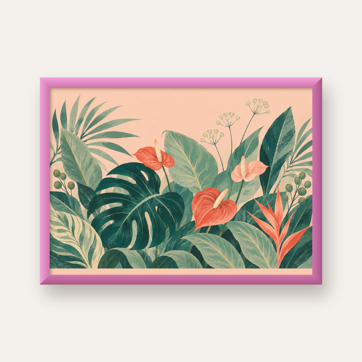 Tropikal Yaprak ve Anthurium Çiçekli Modern Poster — pembe çerçeveli