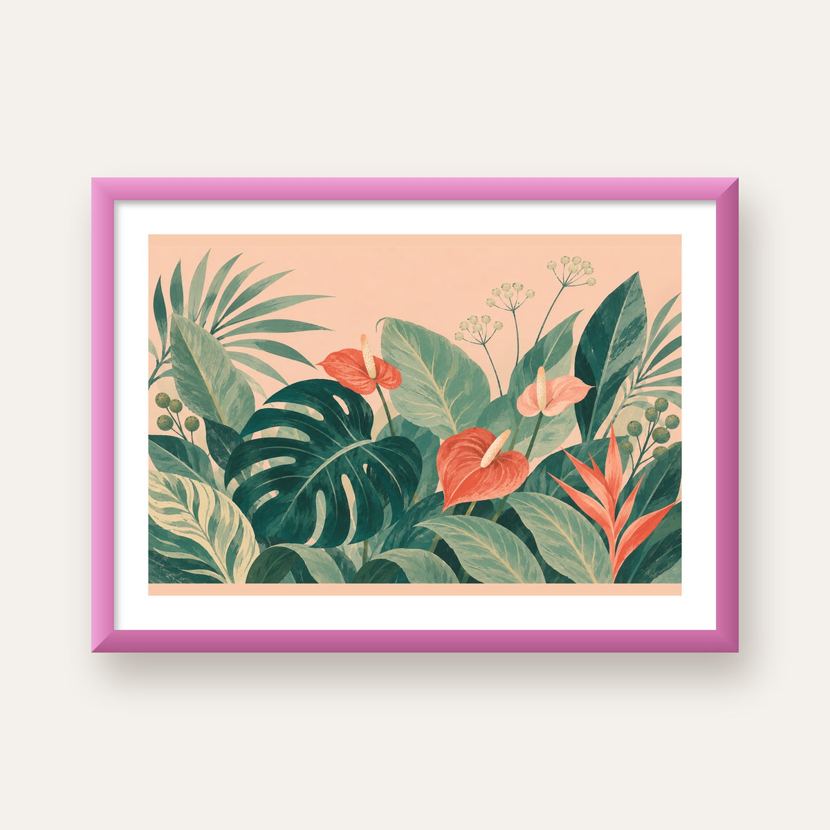 Tropikal Yaprak ve Anthurium Çiçekli Modern Poster — pembe çerçeveli paspartulu