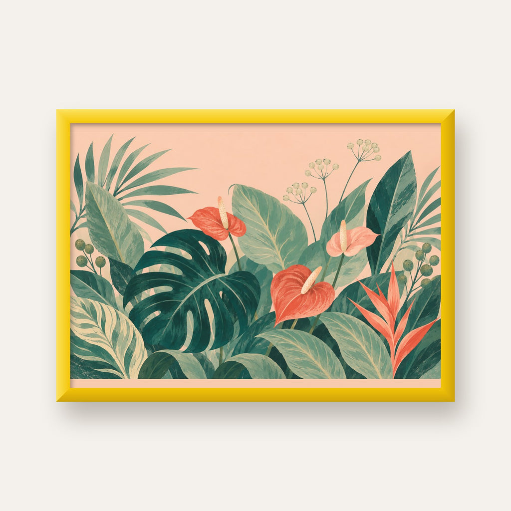 Tropikal Yaprak ve Anthurium Çiçekli Modern Poster — sarı çerçeveli