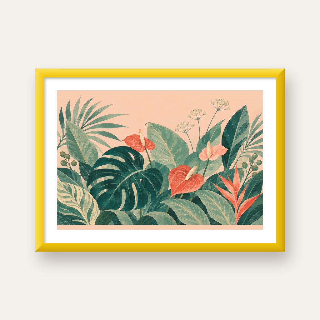 Tropikal Yaprak ve Anthurium Çiçekli Modern Poster — sarı çerçeveli paspartulu