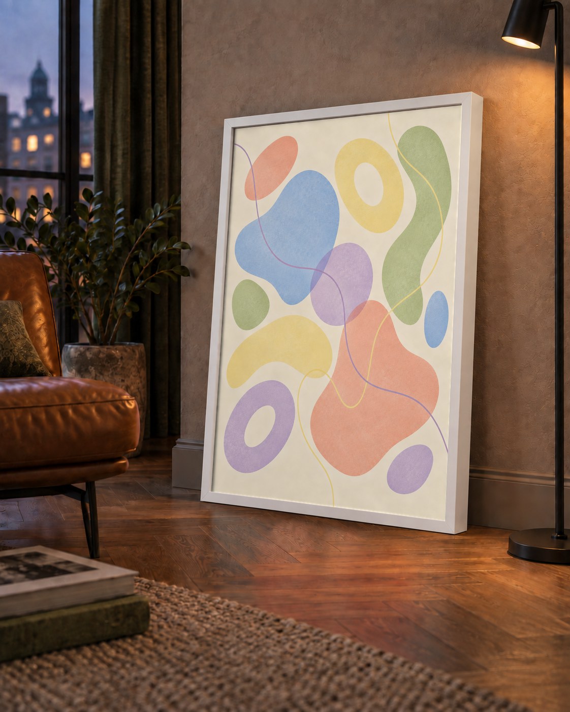 Pastel Renkli Soyut Geometrik Şekiller Poster — çerçeveli hâliyle bir ev duvarında