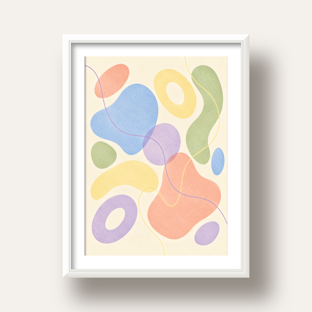 Pastel Renkli Soyut Geometrik Şekiller Poster — beyaz derin çerçeveli paspartulu