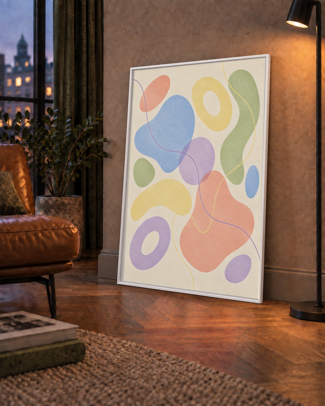 Pastel Renkli Soyut Geometrik Şekiller Poster — çerçeveli hâliyle bir ev duvarında