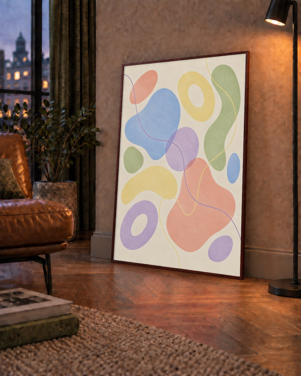 Pastel Renkli Soyut Geometrik Şekiller Poster — çerçeveli hâliyle bir ev duvarında