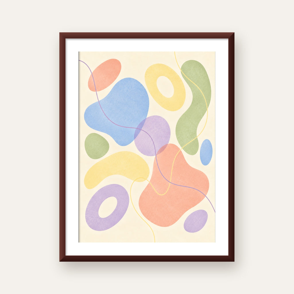 Pastel Renkli Soyut Geometrik Şekiller Poster — ceviz çerçeveli paspartulu
