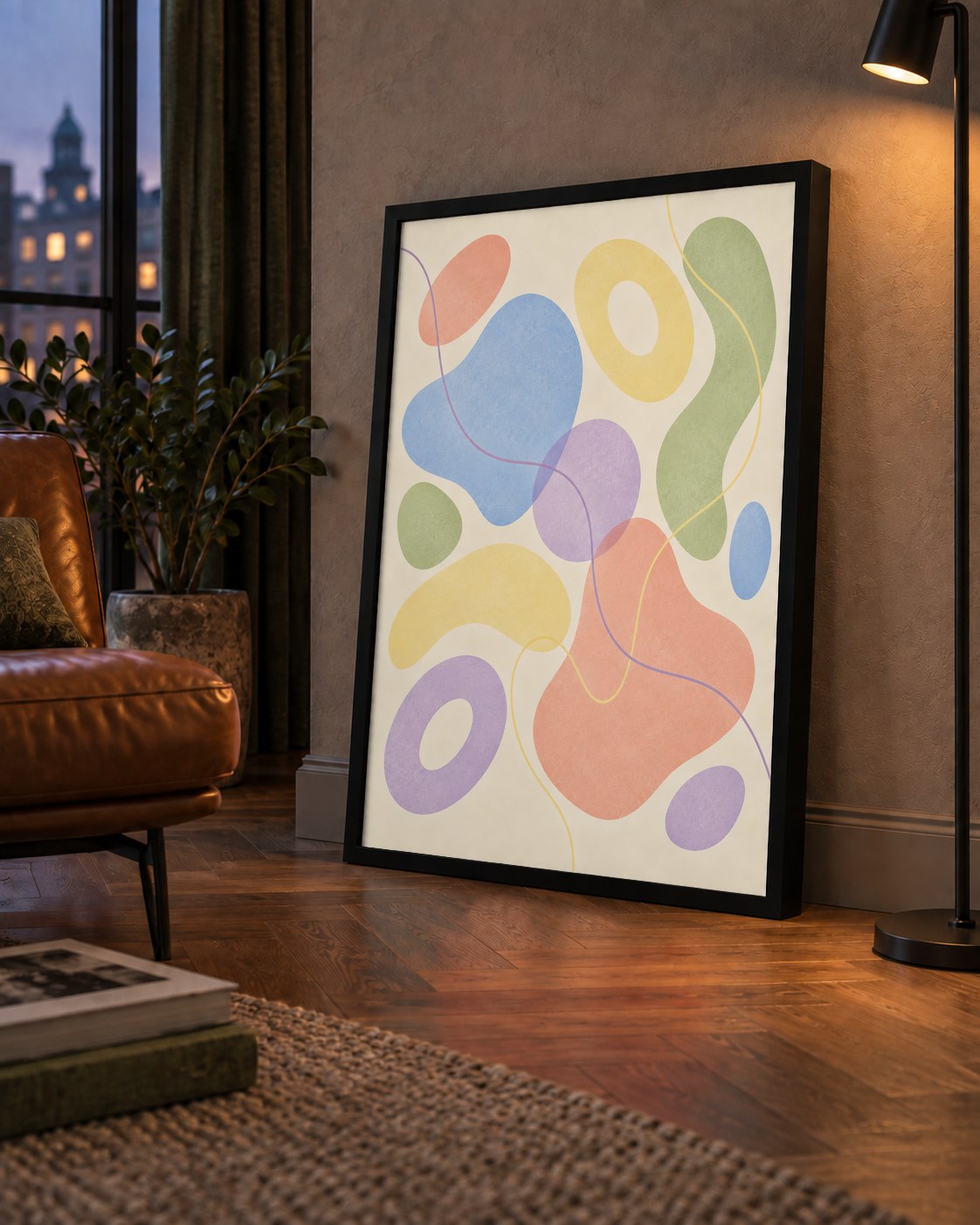 Pastel Renkli Soyut Geometrik Şekiller Poster — çerçeveli hâliyle bir ev duvarında