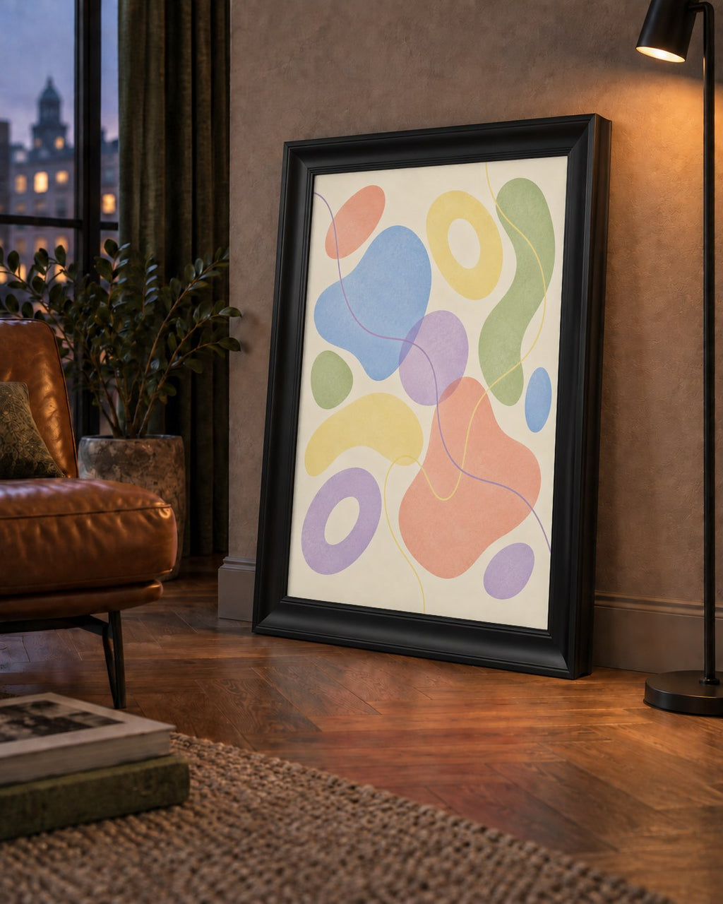 Pastel Renkli Soyut Geometrik Şekiller Poster — çerçeveli hâliyle bir ev duvarında