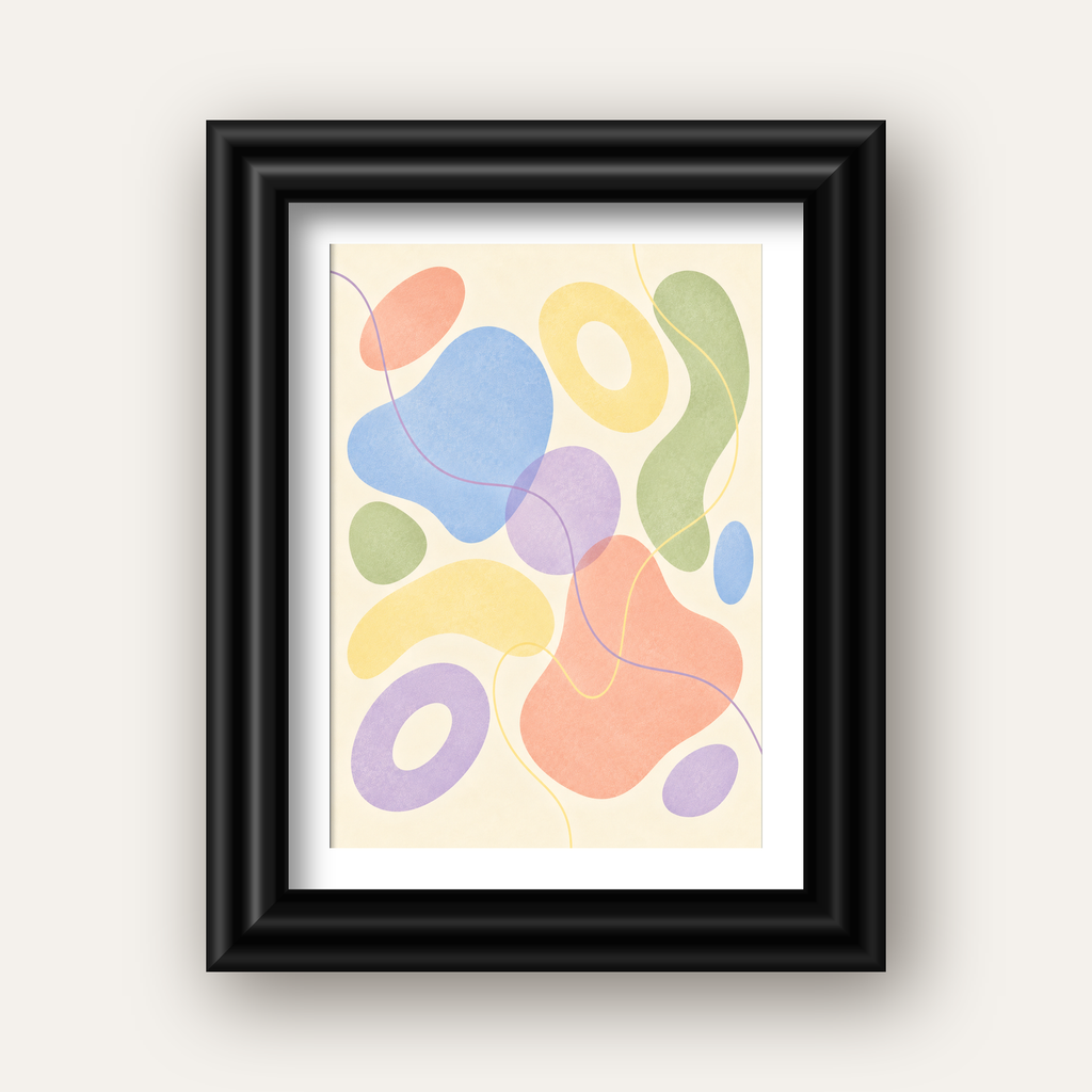 Pastel Renkli Soyut Geometrik Şekiller Poster — siyah galeri çerçeveli paspartulu