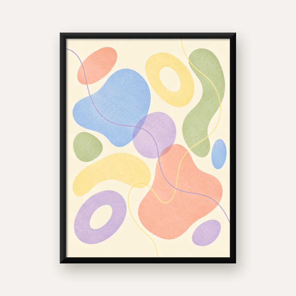 Pastel Soyut Renkli Şekiller Minimalist Poster   — Dikey baskı, düz siyah çerçeveli duvar posteri