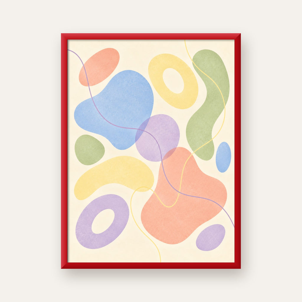Pastel Renkli Soyut Geometrik Şekiller Poster — kırmızı çerçeveli