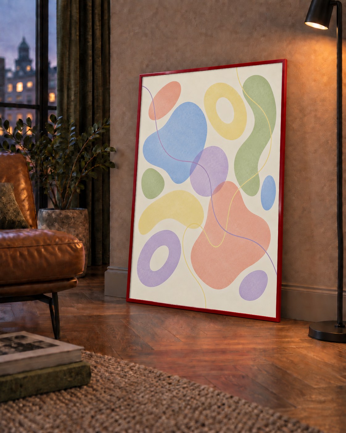Pastel Renkli Soyut Geometrik Şekiller Poster — çerçeveli hâliyle bir ev duvarında