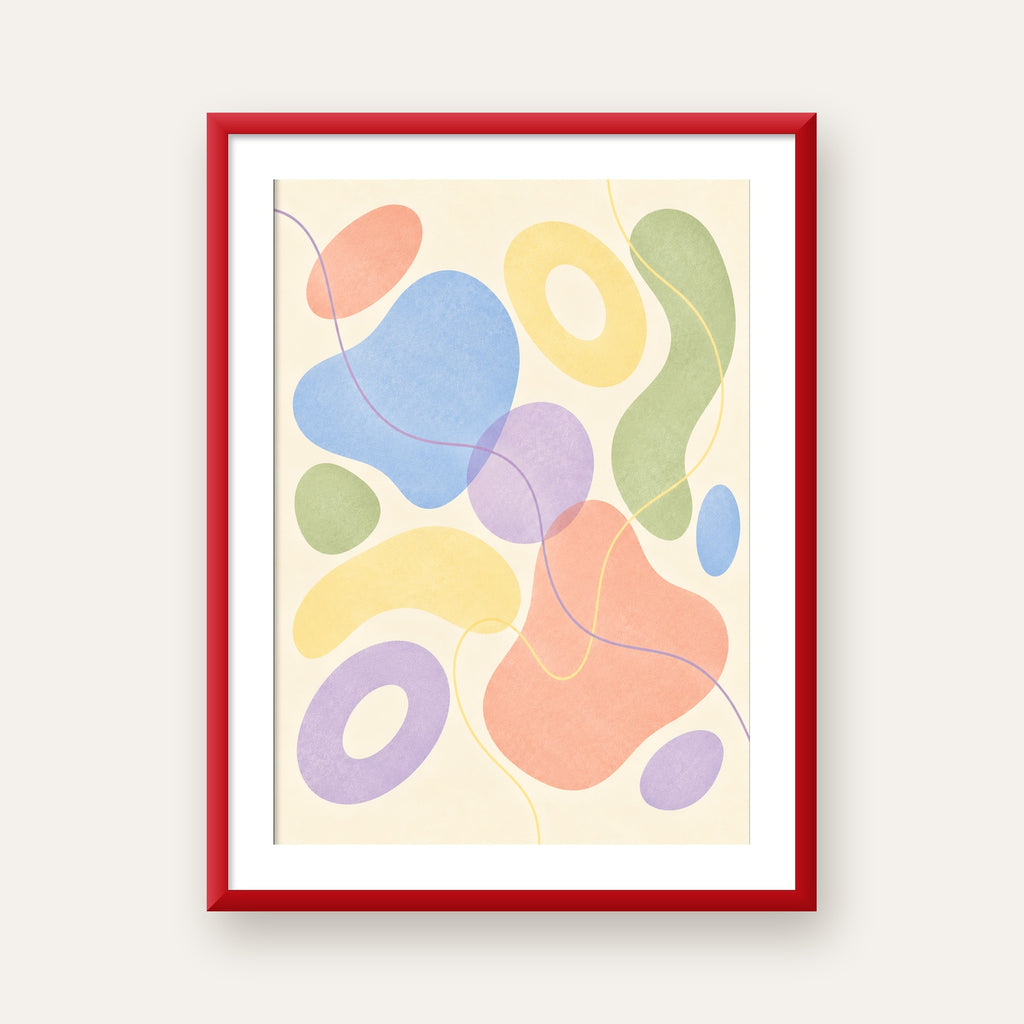 Pastel Renkli Soyut Geometrik Şekiller Poster — kırmızı çerçeveli paspartulu