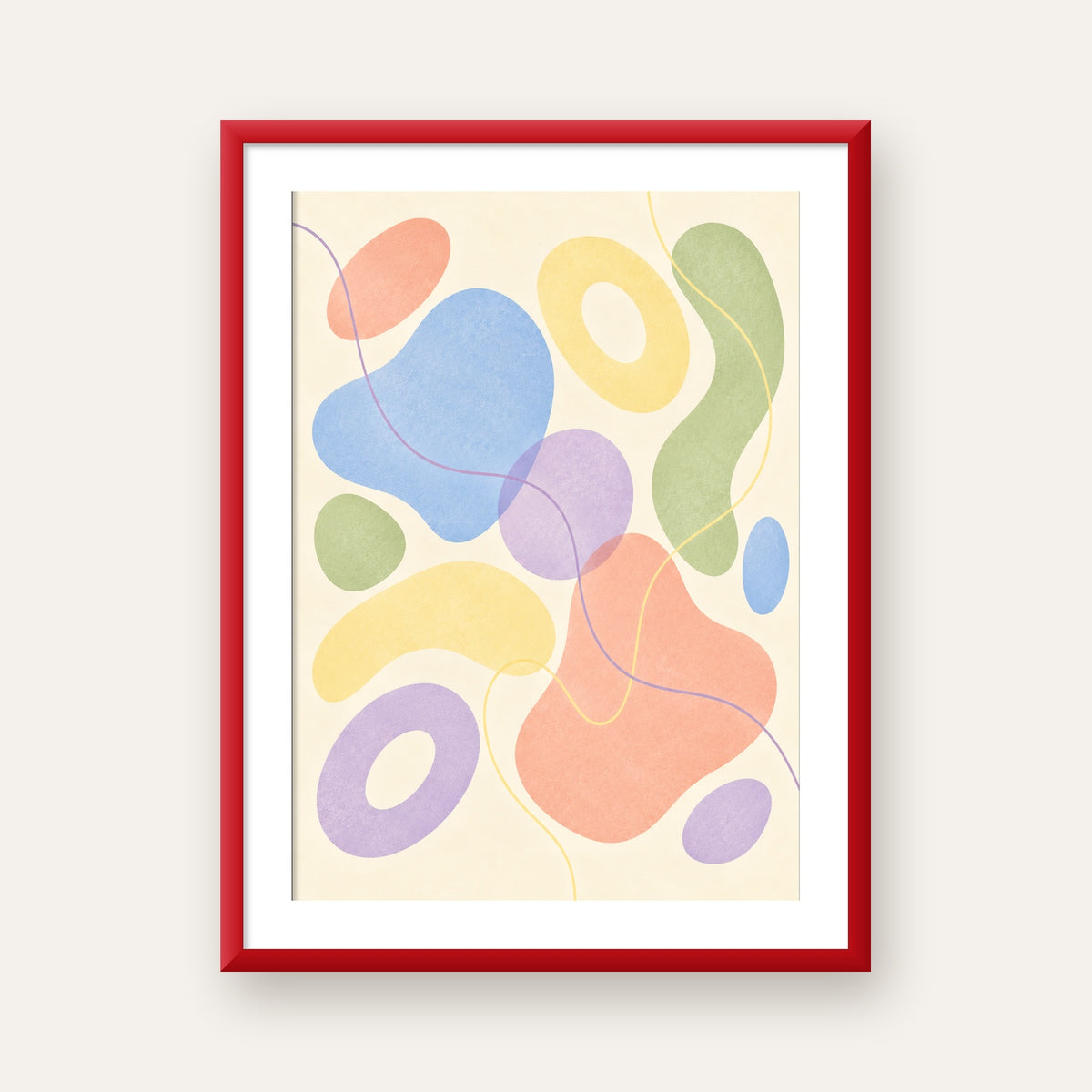 Pastel Renkli Soyut Geometrik Şekiller Poster — kırmızı çerçeveli paspartulu