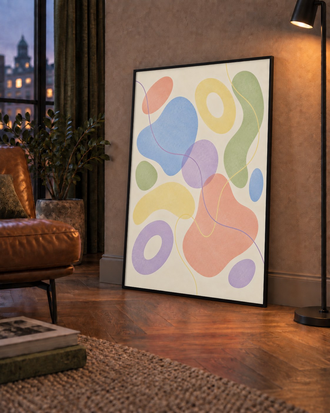 Pastel Renkli Soyut Geometrik Şekiller Poster — çerçeveli hâliyle bir ev duvarında